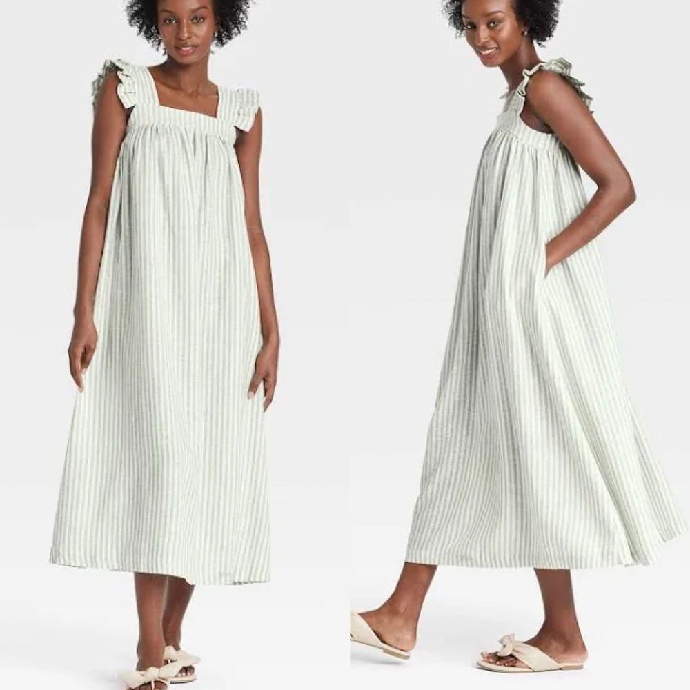 A New Day Aline Flutter Sleeveless Green White Striped Linen Blend Dress Medium